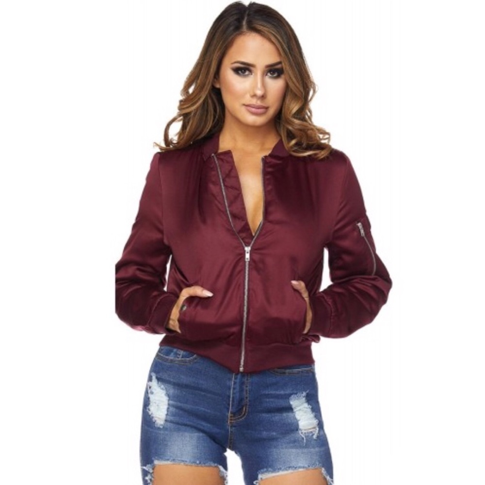 Burgundy Quilted Satin Zip Front Bomber Jacket - Picture 2 of 8